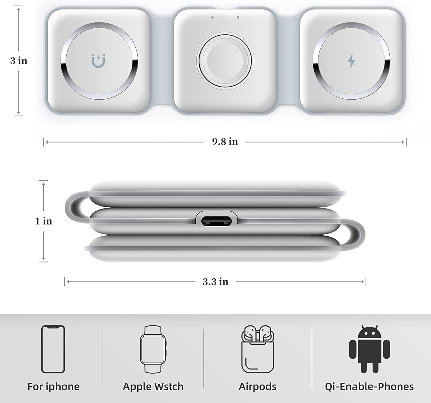 شاحن لاسلكي 3 في 1 سريع – قاعدة شحن لاسلكية متعددة الأجهزة متوافقة مع iPhone وApple Watch وAirPods
